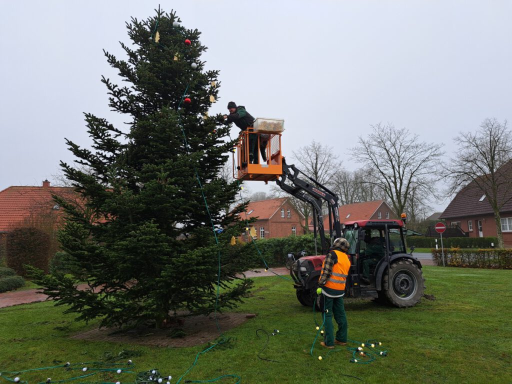 Die Bauhofmitarbeiter Claudia Platte, Jürgen Folkers, Elke Ballmann und Johann Decker behängen den Baum