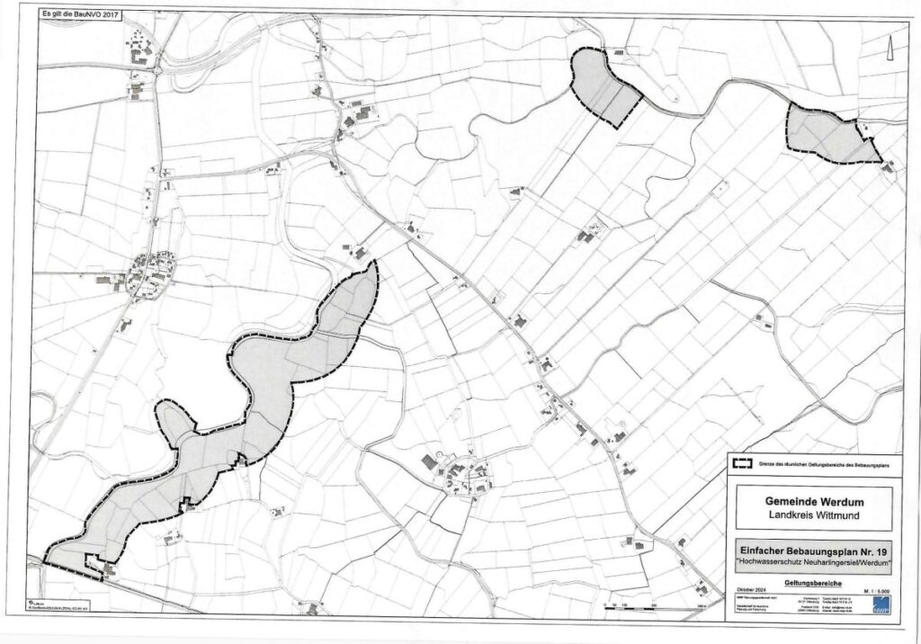Der Kartenausschnitt zeigt die in der Gemeinde Werdum betroffenen Flächen des Bebauungsplans Nr. 19